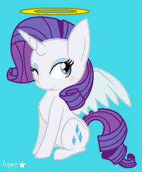 Size: 409x496 | Tagged: safe, artist:lopez765, rarity, alicorn, angel, pony, g4, alicornified, angel rarity, blushing, female, halo, one eye closed, race swap, raricorn, simple background, solo, wings, wink