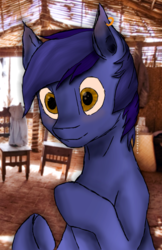 Size: 2640x4080 | Tagged: safe, artist:freeformedto, oc, oc only, oc:free form, pony, unicorn, amber eyes, blurry background, blushing, colt, ear blush, foal, happy, horn, male, messy mane, shadhavar, small horn, smiling, young
