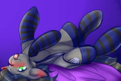 Size: 623x417 | Tagged: safe, artist:kittykieffer, derpibooru exclusive, oc, oc only, oc:nightglider, bat pony, pony, :p, blushing, clothes, cute, lying down, on back, one eye closed, pillow, silly, socks, solo, stockings, striped socks, thigh highs, tongue out, wink
