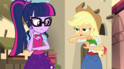 Size: 1280x718 | Tagged: safe, screencap, applejack, sci-twi, twilight sparkle, equestria girls, equestria girls specials, g4, my little pony equestria girls: movie magic, cowboy hat, freckles, geode of telekinesis, glasses, hat, open mouth, stetson