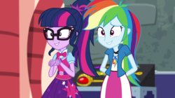 Size: 1280x718 | Tagged: safe, screencap, rainbow dash, sci-twi, twilight sparkle, equestria girls, equestria girls specials, g4, movie magic, clothes, female, geode of super speed, geode of telekinesis, glasses, hands behind back, magical geodes, ponytail, skirt