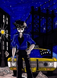 Size: 1356x1851 | Tagged: safe, artist:newyorkx3, oc, oc only, oc:tommy, anthro, car, new york city, night, solo, taxi, traditional art