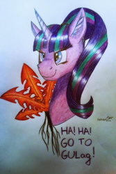 Size: 2988x4477 | Tagged: safe, artist:cahandariella, starlight glimmer, pony, unicorn, g4, bust, evil starlight, female, grin, gulag, high res, nirnroot, portrait, s5 starlight, smiling, solo, stalin glimmer, traditional art