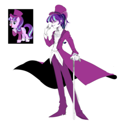 Size: 1910x1899 | Tagged: safe, artist:gyunyu, snowfall frost, starlight glimmer, human, g4, cane, clothes, female, glasses, hat, humanized, smiling, smirk, solo, top hat