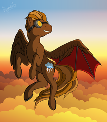 Size: 1024x1166 | Tagged: safe, artist:diggerstrike, oc, oc only, oc:storm cloud, pegasus, pony, flying, goggles, prosthetics
