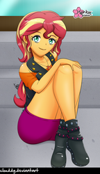 Size: 575x1000 | Tagged: safe, artist:clouddg, sunset shimmer, equestria girls, g4, beautiful, boots, clothes, cute, female, geode of empathy, jacket, leather jacket, legs, moe, shoes, skirt, solo, thighs