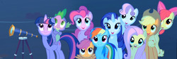 Size: 2140x720 | Tagged: safe, edit, edited screencap, screencap, apple bloom, applejack, fluttershy, pinkie pie, rainbow dash, rarity, scootaloo, spike, sweetie belle, twilight sparkle, dragon, earth pony, pegasus, pony, unicorn, g4, owl's well that ends well, cutie mark crusaders, female, male, mane seven, mane six, mare, panorama, stargazing, telescope, unicorn twilight