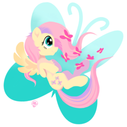Size: 2000x2000 | Tagged: safe, artist:brownbush, fluttershy, butterfly, pegasus, pony, g4, chest fluff, cute, female, high res, hooves to the chest, looking at something, profile, shyabetes, simple background, smiling, solo, spread wings, white background, wings