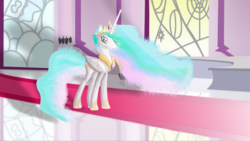 Size: 1920x1080 | Tagged: safe, artist:dragonicbladex, princess celestia, g4, bright, female, fluffy, fluffy hair, hallway, indoors, jewelry, mare, peytral, princess, reflection, rug, shiny, stained glass, stained glass windows, throne room, window