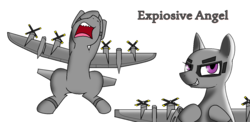 Size: 1388x680 | Tagged: safe, artist:pencil bolt, oc, oc only, oc:explosive angel, original species, plane pony, pony, ac-130, lockheed corporation, misspelling, plane, simple background, smiling, solo, theponyfuture, white background