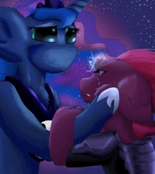 Size: 3416x3848 | Tagged: safe, artist:firefanatic, fizzlepop berrytwist, princess luna, tempest shadow, g4, my little pony: the movie, armor, broken horn, comforting, crying, faic, fluffy, high res, horn, squishy cheeks