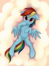 Size: 1000x1333 | Tagged: safe, artist:rainbow, rainbow dash, pegasus, pony, g4, animated, blinking, both cutie marks, cloud, cute, dashabetes, eye shimmer, featureless crotch, female, floppy ears, looking at you, lying, mare, no sound, on back, smiling, solo, spread legs, spreading, webm