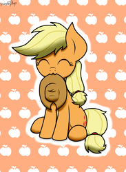 Size: 1536x2101 | Tagged: safe, artist:php142, applejack, earth pony, pony, g4, :3, accessory, apple, cowboy hat, cowgirl, cute, eyes closed, female, filly, happy, hat, jackabetes, mouth hold, nom, sitting, solo