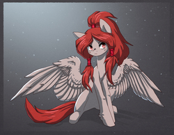Size: 2415x1875 | Tagged: safe, artist:koviry, oc, oc only, oc:silvia, pegasus, pony, pigtails, simple background, sitting, solo, spread wings, wings