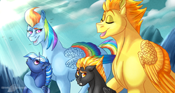 Size: 1350x720 | Tagged: safe, artist:bijutsuyoukai, rainbow dash, spitfire, oc, oc:hot streak, oc:prism blazer, pony, g4, female, male, mother and son, offspring, parent:rainbow dash, parent:soarin', parent:spitfire, parent:thunderlane, parents:soarindash, parents:spitlane