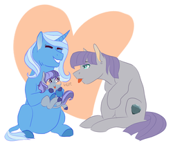 Size: 2555x2111 | Tagged: safe, artist:lunacat2001, maud pie, trixie, oc, oc:hope, earth pony, pony, unicorn, g4, eyes closed, female, filly, heart, help, high res, leonine tail, lesbian, magical lesbian spawn, mare, offspring, parent:maud pie, parent:trixie, parents:mauxie, ship:mauxie, shipping, smiling, tongue out