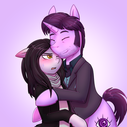 Size: 1800x1800 | Tagged: safe, artist:deyogee, pony, semi-anthro, blushing, clothes, facial hair, female, hug, jessica jones, kilgrave, male, ponified, shipping, sideburns, straight