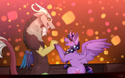 Size: 1494x940 | Tagged: dead source, safe, artist:slushshe, discord, twilight sparkle, alicorn, draconequus, pony, g4, alternate hairstyle, blushing, boat, braid, disney, female, flower, flower in hair, i see the light, looking at each other, male, mare, ship:discolight, shipping, smiling, straight, tangled (disney), twilight sparkle (alicorn)