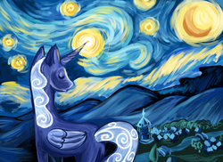 Size: 3850x2800 | Tagged: dead source, safe, artist:rk-d, princess luna, alicorn, pony, g4, beautiful, eyes closed, female, fine art parody, glowing horn, horn, mare, night, ponyville, solo, starry night, style emulation, the starry night, vincent van gogh