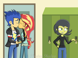Size: 1600x1200 | Tagged: safe, artist:phantomshadow051, flash sentry, sunset shimmer, oc, oc:pauly sentry, equestria girls, g4, clothes, eyes closed, female, holding hands, kissing, lockers, male, ship:flashimmer, shipping, straight
