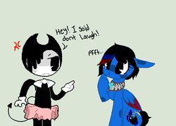 Size: 502x360 | Tagged: safe, artist:foxfier24, oc, oc:melody, bendy, bendy and the ink machine, canon x oc, clothes, cross-popping veins, crossover, crossover shipping, female, male, shipping, story included, straight, tutu