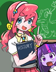 Size: 700x900 | Tagged: dead source, safe, artist:quizia, gummy, pinkie pie, twilight sparkle, alicorn, human, equestria girls, g4, alternate hairstyle, anime, book, chalkboard, clothes, cute, diapinkes, drawing, female, history, looking at you, moe, nerd, nerdy pie, pigtails, school uniform, skirt, style emulation, twiabetes, twilight sparkle (alicorn)