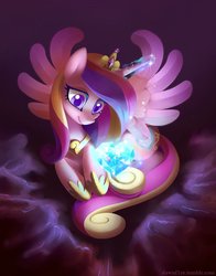 Size: 787x1003 | Tagged: safe, artist:dawnfire, princess cadance, alicorn, pony, g4, abstract background, colored pupils, crystal heart, female, glowing, glowing horn, horn, looking at something, lying down, magic, magic aura, mare, smiling, solo, spread wings, wings