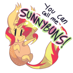 Size: 1299x1299 | Tagged: safe, artist:dragonpone, derpibooru exclusive, sunset shimmer, bread pony, food pony, original species, pony, unicorn, g4, blushing, bread costume, bun (food), bun costume, cheek fluff, clothes, costume, dialogue, ear fluff, female, food, food costume, looking at you, mare, pun, silly, silly pony, simple background, smiling, solo, sparkles, species swap, sunset shimmer dressing up as food, talking to viewer, transparent background