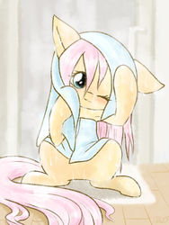 Size: 1200x1600 | Tagged: safe, artist:phoenixperegrine, fluttershy, pegasus, pony, g4, cute, drying, female, looking at you, mare, one eye closed, shower, shyabetes, sitting, smiling, solo, steam, towel, wet, wet mane