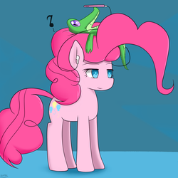 Size: 1280x1280 | Tagged: safe, artist:genericmlp, gummy, pinkie pie, alligator, earth pony, pony, g4, earbuds, female, lidded eyes, mare, mp3 player, music notes, smiling