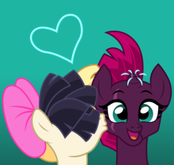 Size: 843x800 | Tagged: safe, artist:cloudy glow, fizzlepop berrytwist, songbird serenade, tempest shadow, pony, g4, my little pony: the movie, bow, cheek kiss, duo, eye scar, female, hair bow, heart, kissing, lesbian, mare, scar, shadowbird, shipping, smiling