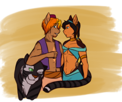 Size: 1397x1176 | Tagged: safe, artist:blackblood-queen, oc, oc only, oc:daniel dasher, oc:dewberry, oc:singe, big cat, tiger, anthro, abs, anthro oc, couple, crossdressing, disney, freckles, gay, looking back, male, oc x oc, parody, shipping, smiling