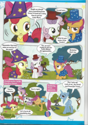 Size: 826x1169 | Tagged: safe, apple bloom, scootaloo, sweetie belle, trixie, earth pony, pegasus, pony, unicorn, g4, clothes, comic, cutie mark crusaders, female, filly, flexible, leotard, magazine scan, magician outfit, mare, trixie n'abandonne jamais !