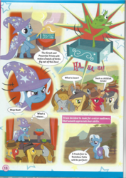 Size: 826x1169 | Tagged: safe, trixie, frog, pony, unicorn, g4, cape, clothes, comic, cowboy hat, crowd, female, filly, hat, magazine scan, trixie n'abandonne jamais !, trixie's cape, trixie's hat, younger