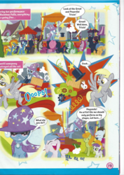 Size: 826x1169 | Tagged: safe, berry punch, berryshine, carrot top, derpy hooves, golden harvest, lucky clover, octavia melody, soarin', spitfire, tornado bolt, trixie, oc, oc:starveil, pegasus, pony, rabbit, unicorn, g4, rainbow falls, comic, female, filly, magazine scan, mare, trixie n'abandonne jamais !, unnamed character, unnamed pony, wonderbolts, younger