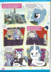 Size: 826x1169 | Tagged: safe, fancypants, trixie, pony, unicorn, g4, comic, crown, crystaller building, female, filly, jewelry, magazine scan, male, manehattan, mare, monocle, pier, piers, regalia, stadium, stallion, trixie n'abandonne jamais !, younger