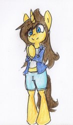 Size: 1027x1764 | Tagged: safe, artist:spheedc, oc, oc only, oc:dream chaser, unicorn, semi-anthro, clothes, female, mare, rule 63, simple background, solo, traditional art, white background