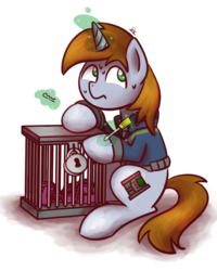 Size: 1024x1280 | Tagged: safe, artist:sugar morning, derpibooru exclusive, oc, oc only, oc:littlepip, pony, unicorn, fallout equestria, addiction, anxious, bobby pin, cage, clothes, cutie mark, drugs, fallout, female, jumpsuit, lock, lockpick, lockpicking, magic, mare, mint-als, nervous, padlock, party time mintals, pipbuck, scared, screwdriver, simple background, sitting, solo, sweat, transparent background, vault suit