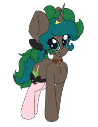 Size: 1086x1403 | Tagged: safe, artist:k-kopp, oc, oc only, oc:kylie apple, pony, 2019 community collab, derpibooru community collaboration, bow, clothes, collar, freckles, horn, horn ring, magic suppression, ponytail, simple background, solo, stockings, thigh highs, transparent background