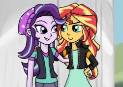 Size: 671x475 | Tagged: safe, artist:boushi33, starlight glimmer, sunset shimmer, equestria girls, equestria girls specials, g4, mirror magic, beanie, clothes, duo, hat, jacket, leather jacket, looking at each other, pants, pedestal