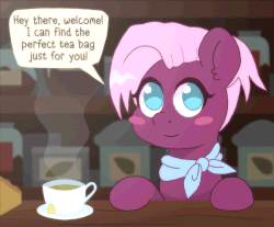 Size: 1000x829 | Tagged: safe, artist:omegaozone, jasmine leaf, earth pony, pony, g4, animated, blush sticker, blushing, clothes, cute, dialogue, ear fluff, explicit source, female, food, frame by frame, gif, grin, looking at you, mare, no pupils, offscreen character, omegaozone is trying to kill us, pov, scarf, smiling, solo, speech bubble, squigglevision, tea
