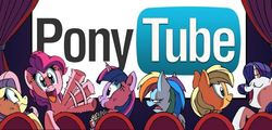 Size: 777x372 | Tagged: artist needed, safe, applejack, fluttershy, pinkie pie, rainbow dash, rarity, twilight sparkle, g4, better source needed, breaking the fourth wall, food, mane six, popcorn, theater, youtube