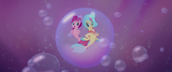 Size: 1920x804 | Tagged: safe, screencap, pinkie pie, princess skystar, seapony (g4), g4, my little pony: the movie, bubble, cute, daaaaaaaaaaaw, dancing, diapinkes, dorsal fin, duo, female, fin, fin wings, fins, fish tail, flower, flower in hair, flowing mane, flowing tail, in bubble, looking at each other, mare, ocean, one small thing, open mouth, open smile, pinkie pie trapped in a bubble, seaponified, seapony pinkie pie, seaquestria, smiling, species swap, swimming, tail, underwater, water, wings