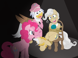 Size: 1428x1069 | Tagged: source needed, safe, artist:caroo, mayor mare, pinkie pie, oc, oc:silver quill, g4, blushing, bondage, butt, chair, clothes, fetish, hoof tickling, laughing, open mouth, plot, rope, rope bondage, smiling, squirming, tickle torture, tickling, tied up, underhoof, uniform