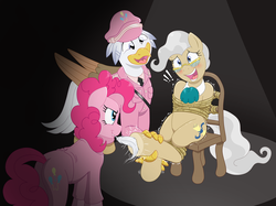 Size: 1428x1069 | Tagged: source needed, safe, artist:caroo, mayor mare, pinkie pie, oc, oc:silver quill, earth pony, griffon, pony, g4, blushing, bondage, butt, chair, clothes, female, fetish, hoof tickling, laughing, mare, open mouth, plot, rope, rope bondage, smiling, squirming, tickle torture, tickling, tied up, underhoof, uniform