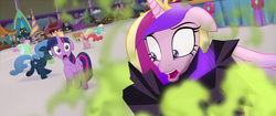 Size: 1920x804 | Tagged: safe, screencap, cornsilk, princess cadance, twilight sparkle, alicorn, earth pony, pony, g4, my little pony: the movie, background pony, canterlot, crown, female, friendship festival, gas, gem, jewelry, mare, market, petrification, raised hoof, regalia, running, scared, shocked, sisters-in-law, smog, stage, stone, twilight sparkle (alicorn), unnamed character, unnamed pony, you know for kids