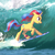 Size: 2345x2327 | Tagged: safe, artist:lis-alis, oc, oc only, oc:stormfall drizzle, pony, unicorn, cute, female, high res, mare, multicolored hair, multicolored mane, open mouth, raised hoof, smiling, solo, surfboard, surfing, water, wave
