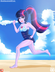 Size: 2300x3000 | Tagged: safe, artist:minusclass, sci-twi, twilight sparkle, equestria girls, equestria girls specials, g4, my little pony equestria girls: better together, my little pony equestria girls: forgotten friendship, ankles, barefoot, beach, breasts, busty twilight sparkle, clothes, cloud, cloudy, feet, female, high res, looking at you, ocean, one eye closed, one-piece swimsuit, patreon, patreon logo, ponytail, running, sand, schrödinger's pantsu, sci-twi swimsuit, solo, swimsuit, wink