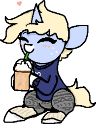 Size: 241x309 | Tagged: safe, artist:nootaz, oc, oc only, oc:nootaz, pony, unicorn, clothes, coffee, drinking, female, happy, heart, leg warmers, mare, simple background, sweater, transparent background