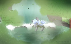 Size: 2600x1600 | Tagged: safe, artist:taligintou, oc, oc only, original species, pond pony, pony, dancing, female, forest, mare, pond, rock, solo, tree, water, waterfall